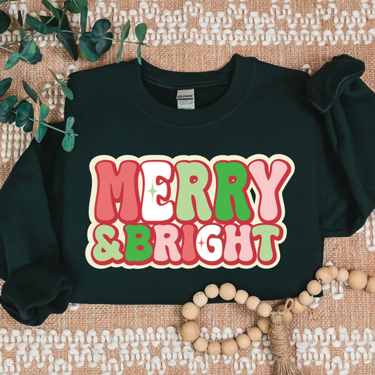 merry & bright colorful christmas cozy trendy crewneck holiday sweatshirt